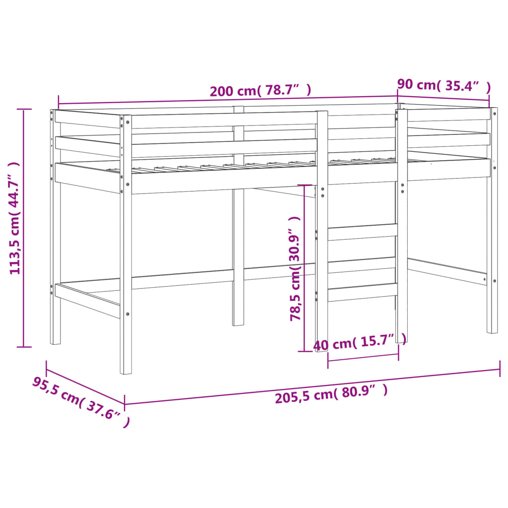 Kinderhoogslaper met ladder 80x200 cm massief grenenhout