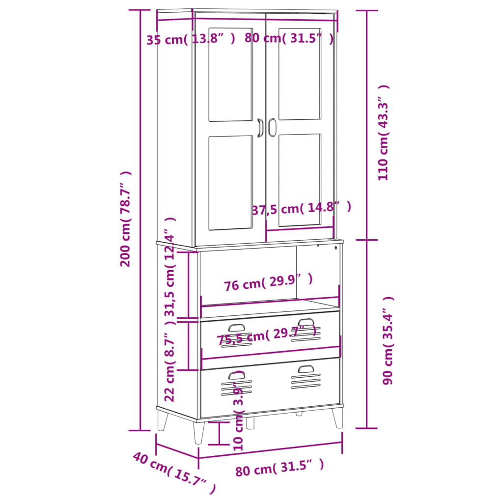 Hoge kast VIKEN 80x40x200 cm massief grenenhout