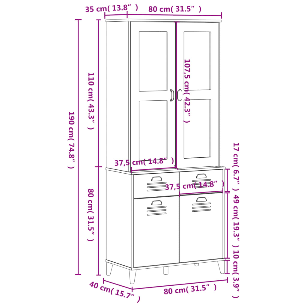 Hoge kast VIKEN 80x40x190 cm massief grenenhout