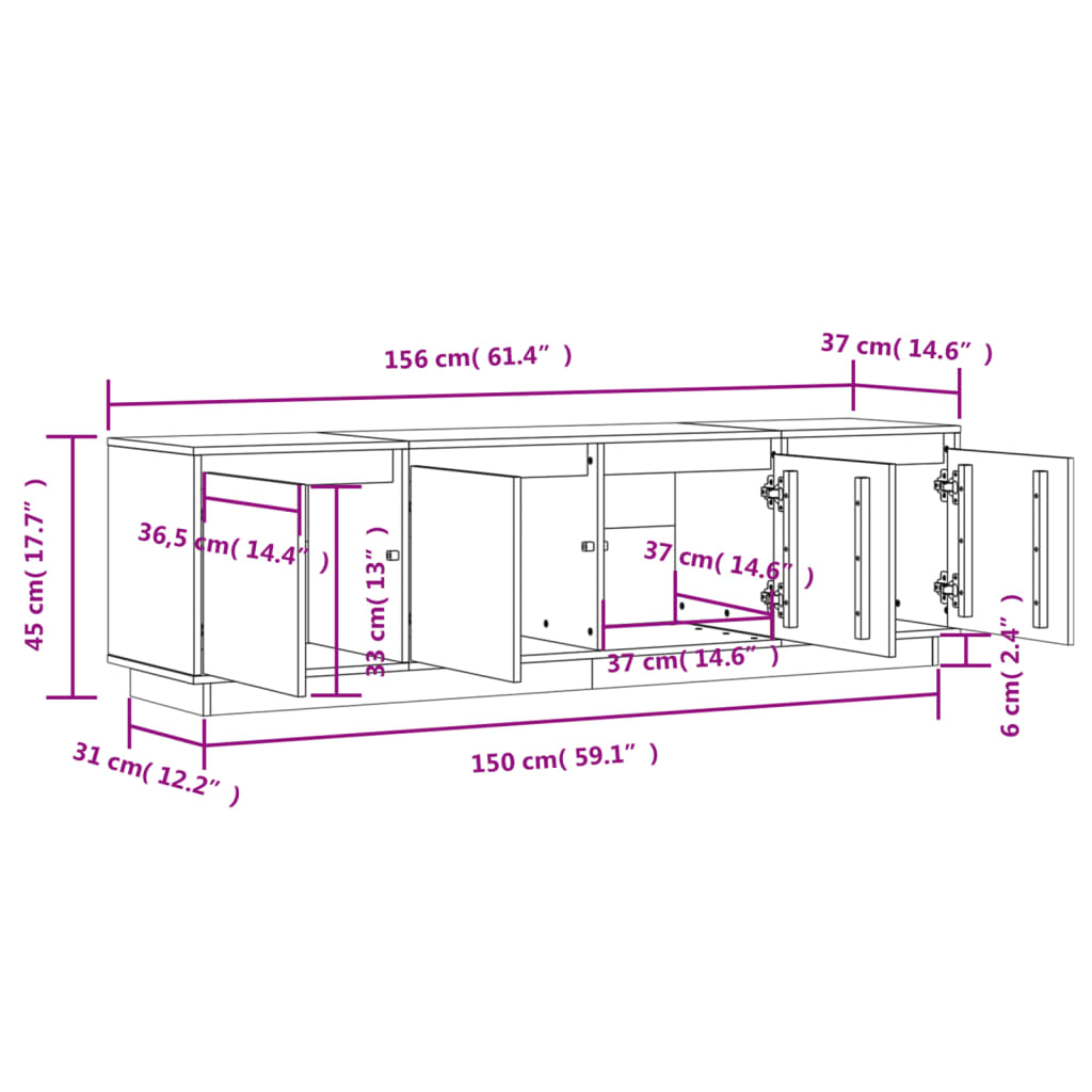 Tv-meubel 156x37x45 cm massief grenenhout wit