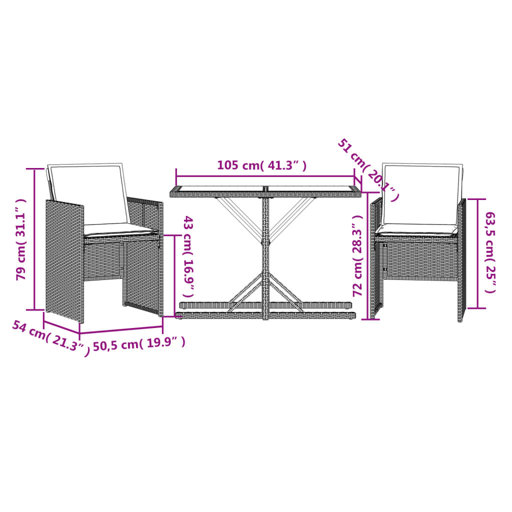 3-delige Bistroset met kussens poly rattan