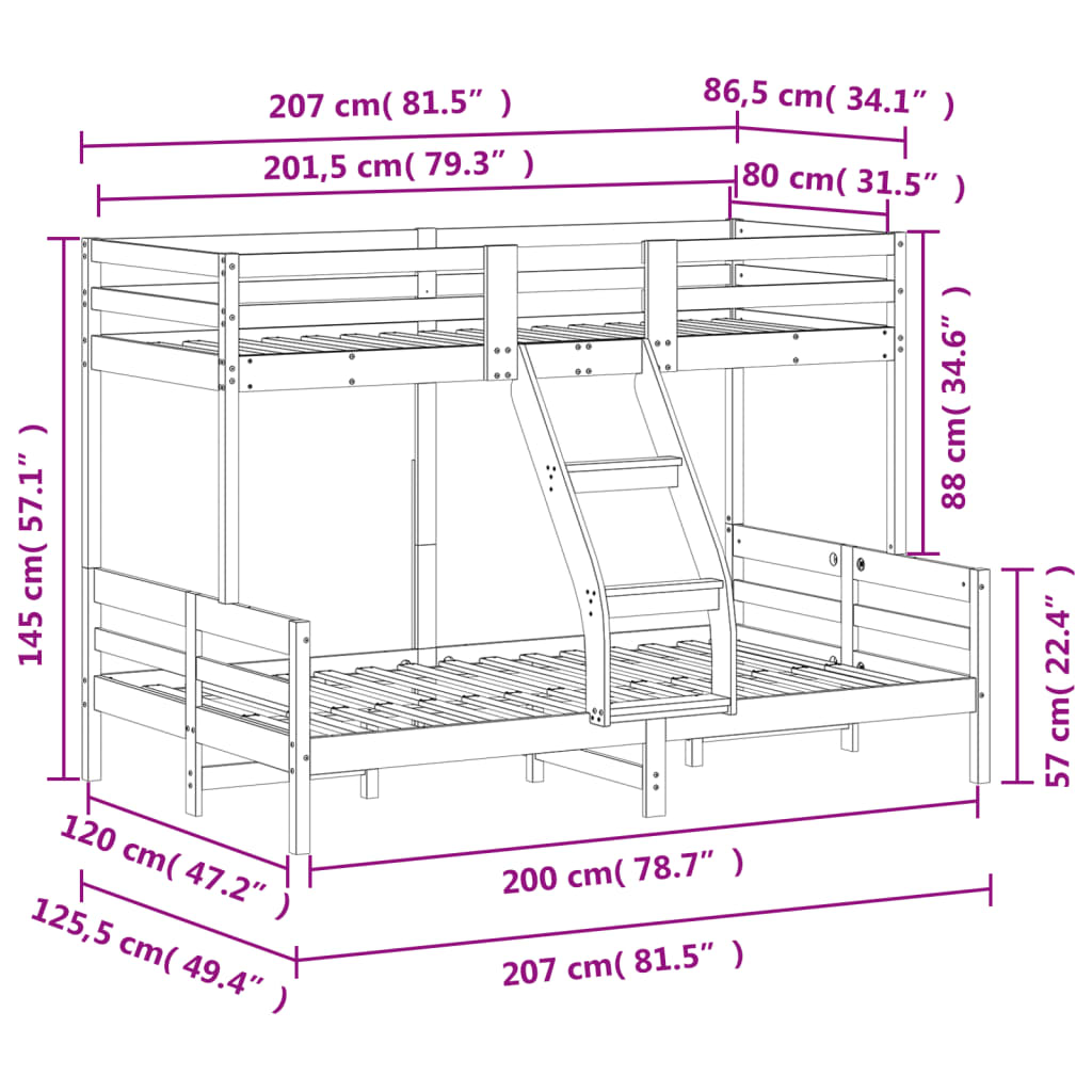 Stapelbed massief grenenhout 80x200/120x200 cm