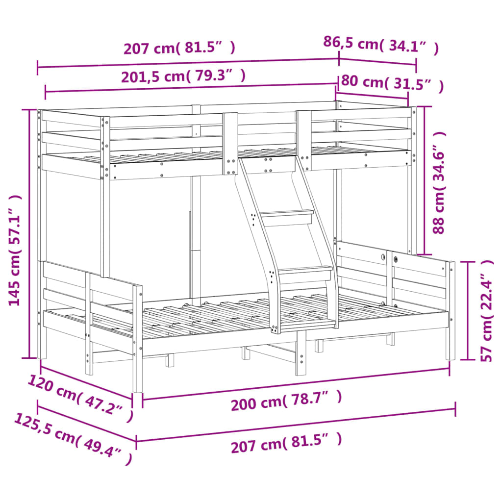 Stapelbed massief grenenhout 80x200/120x200 cm