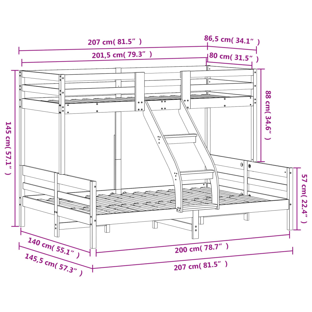 Stapelbed massief grenenhout 80x200/140x200 cm