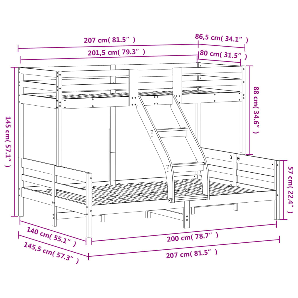 Stapelbed massief grenenhout 80x200/140x200 cm