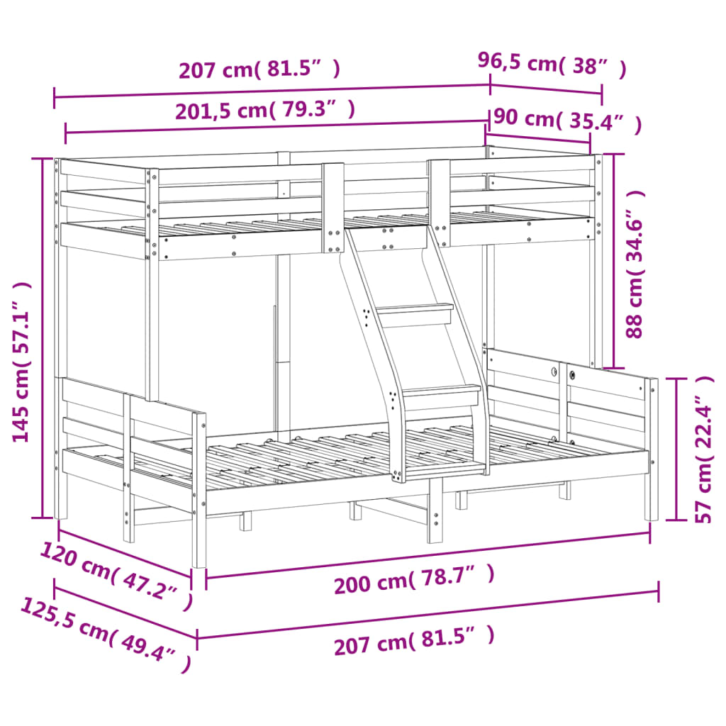 Stapelbed massief grenenhout 90x200/120x200 cm