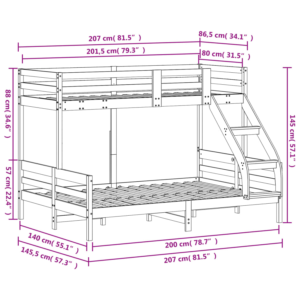 Stapelbed massief grenenhout 80x200/140x200 cm