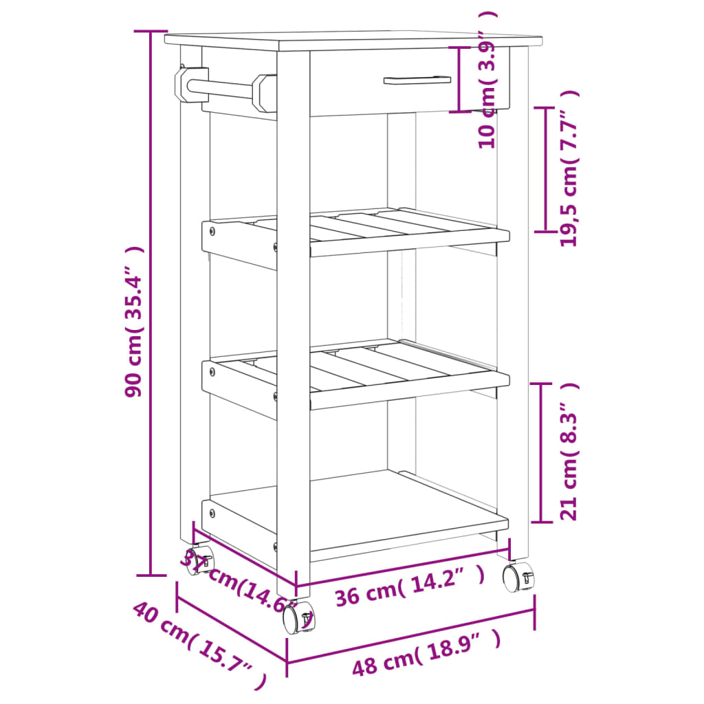 Keukentrolley MONZA 48x40x90 cm massief grenenhout