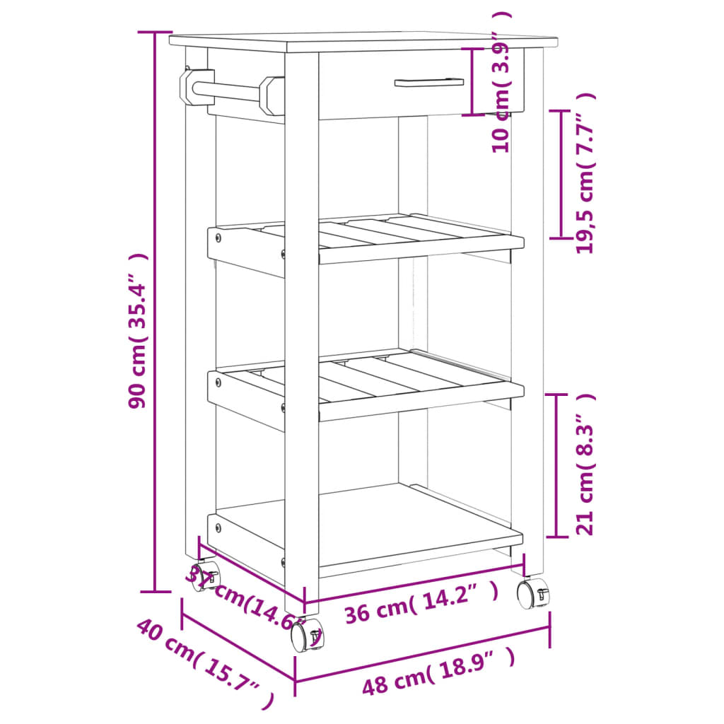 Keukentrolley MONZA 48x40x90 cm massief grenenhout