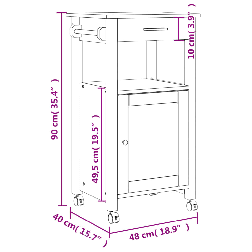 Keukentrolley MONZA 48x40x90 cm massief grenenhout