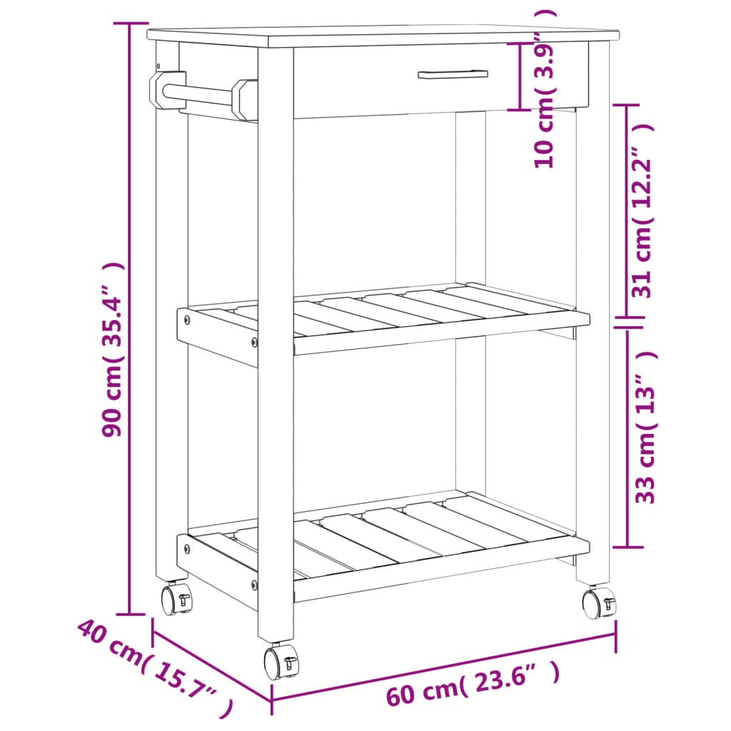 Keukentrolley MONZA 48x40x90 cm massief grenenhout