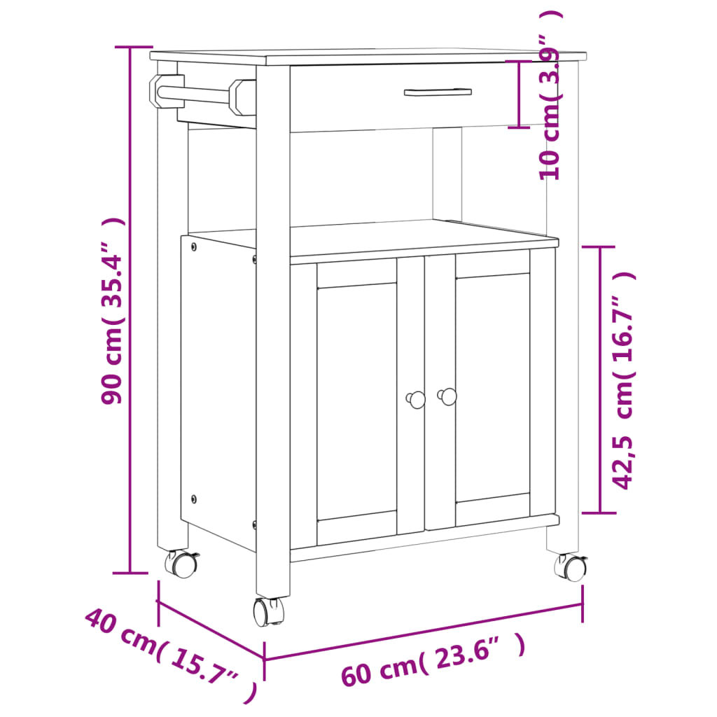 Keukentrolley MONZA 60x40x90 cm massief grenenhout