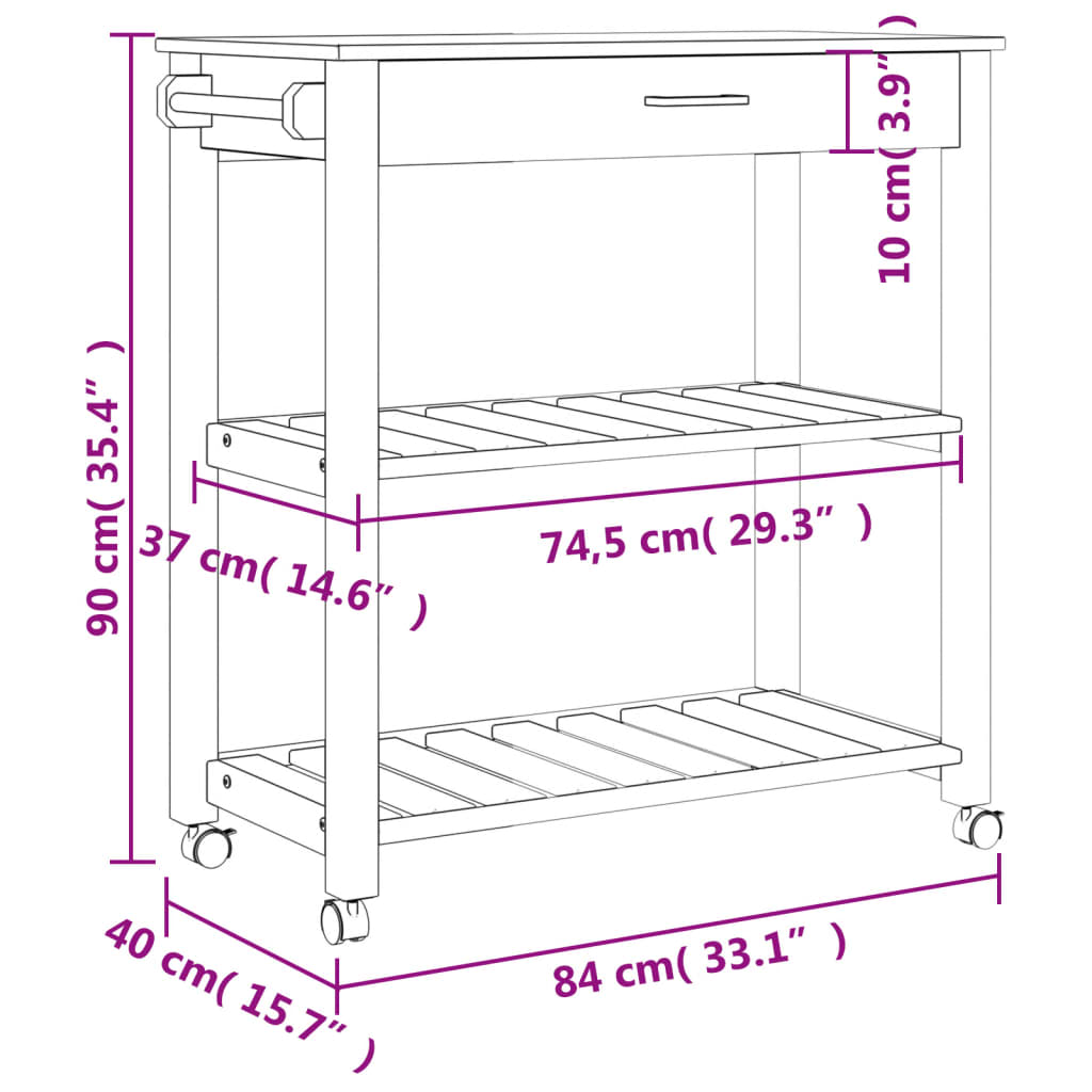 Keukentrolley MONZA 48x40x90 cm massief grenenhout