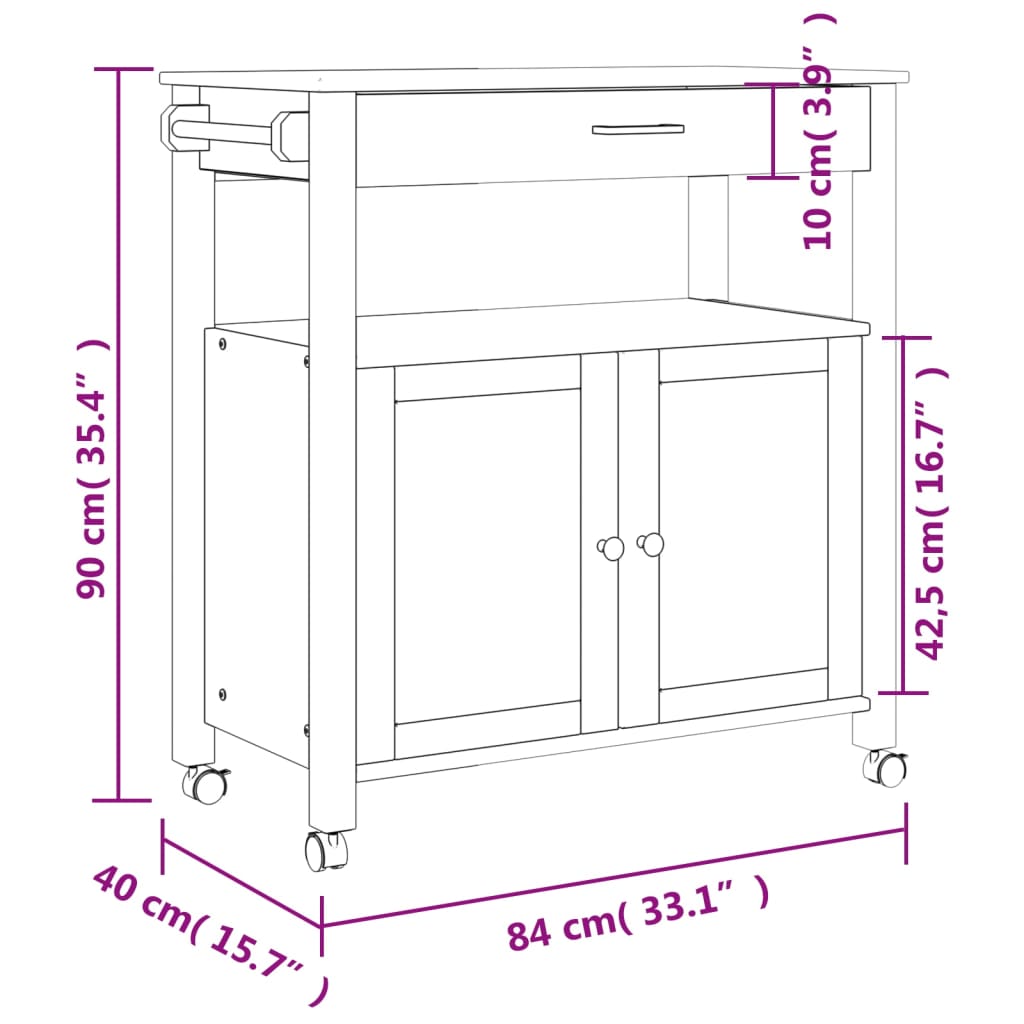 Keukentrolley MONZA 60x40x90 cm massief grenenhout