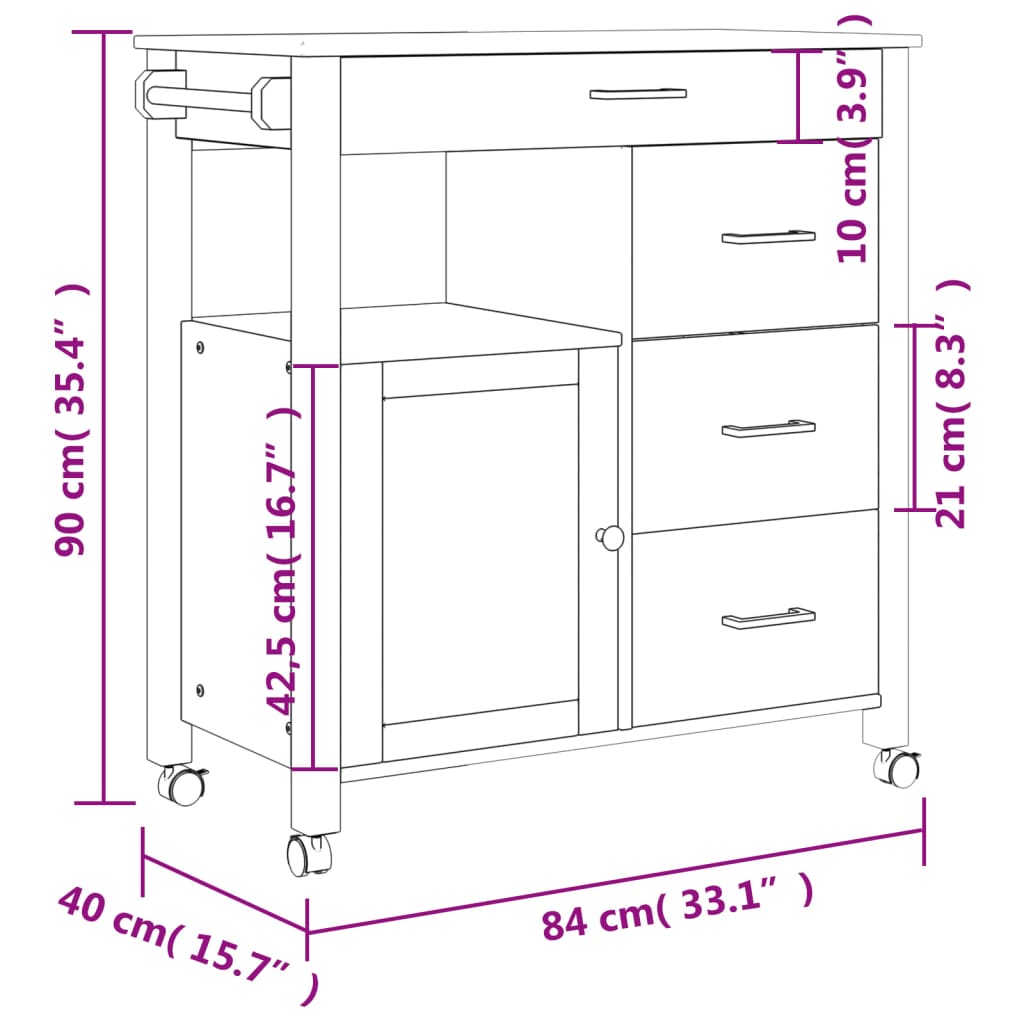 Keukentrolley MONZA 84x40x90 cm massief grenenhout