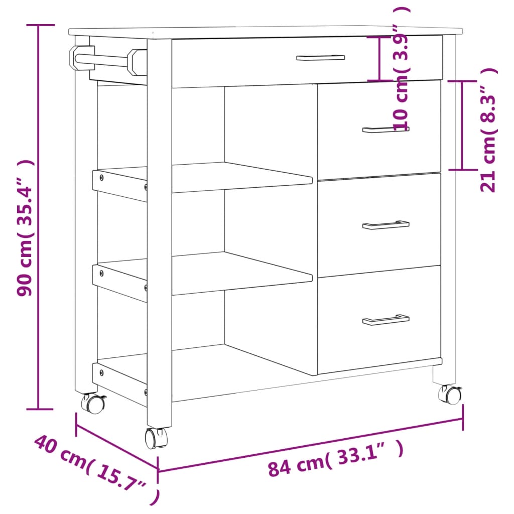 Keukentrolley MONZA 84x40x90 cm massief grenenhout