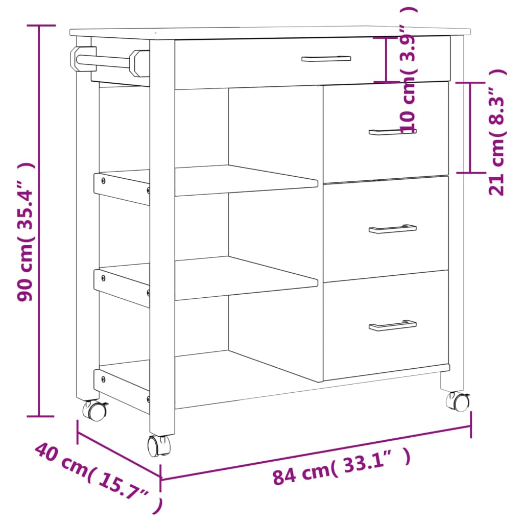 Keukentrolley MONZA 84x40x90 cm massief grenenhout