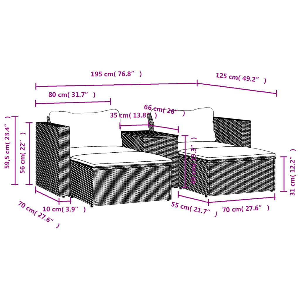 5-delige Loungeset met kussens poly rattan acacia