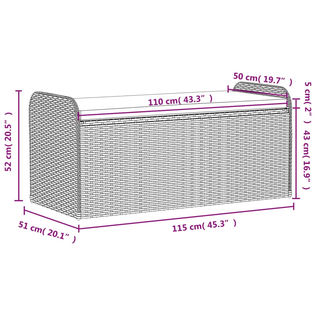 Opbergbankje met kussen 115x51x52 cm poly rattan