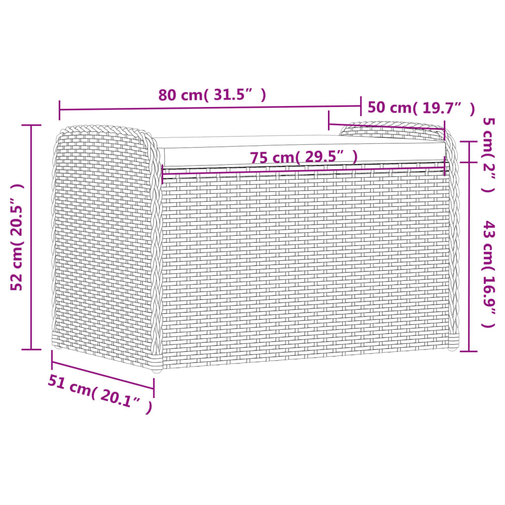 Opbergbankje met kussen 115x51x52 cm poly rattan