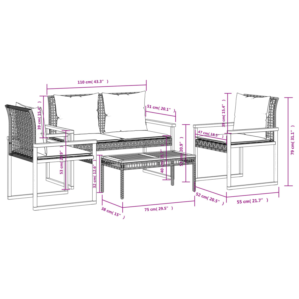 4-delige Loungeset met kussens poly rattan