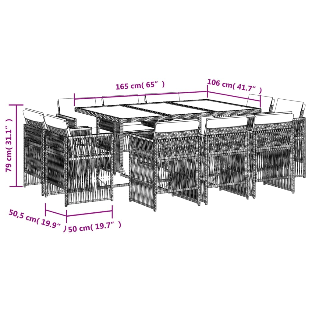 9-delige Tuinset met kussens poly rattan lichtgrijs