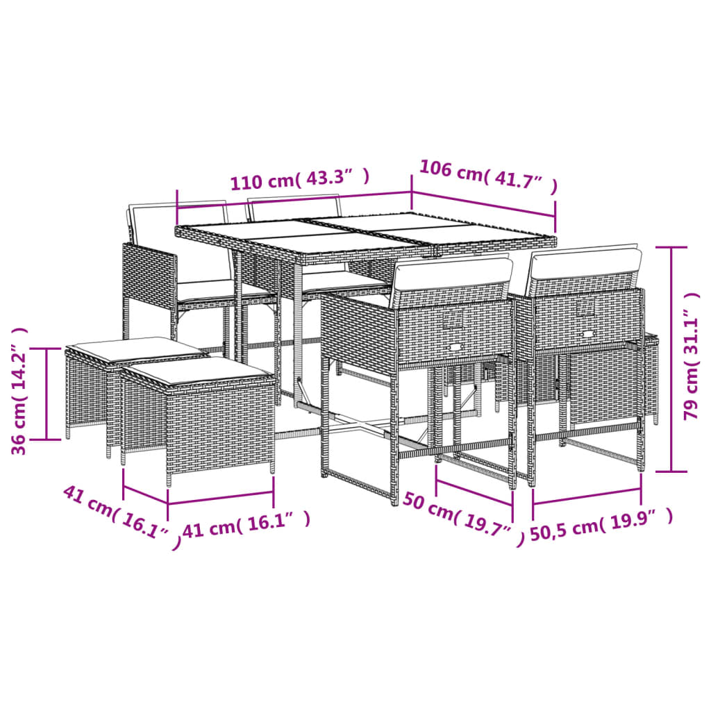 13-delige Tuinset met kussens poly rattan zwart