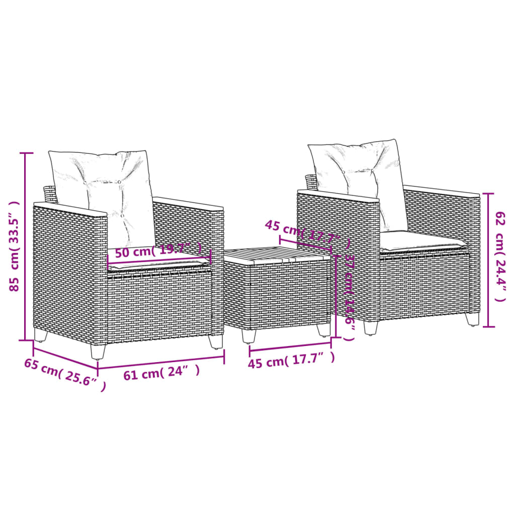 3-delige Bistroset met kussens poly rattan en acaciahout