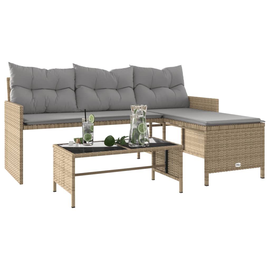 Tuinbank met tafel kussens L-vormig poly rattan