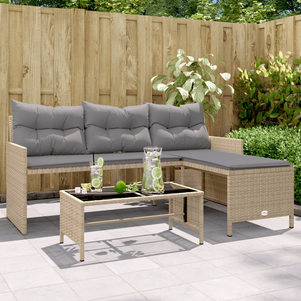 Tuinbank met tafel kussens L-vormig poly rattan