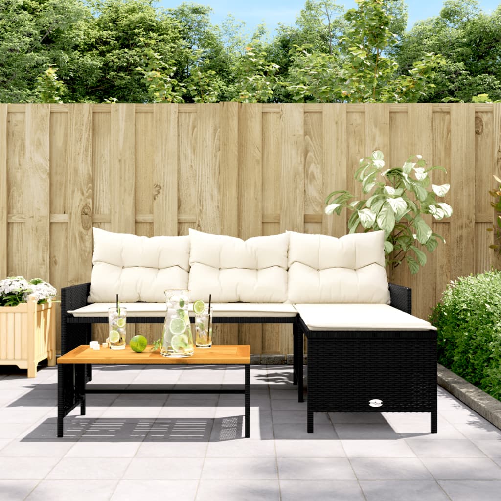 Tuinbank met tafel kussens L-vormig poly rattan