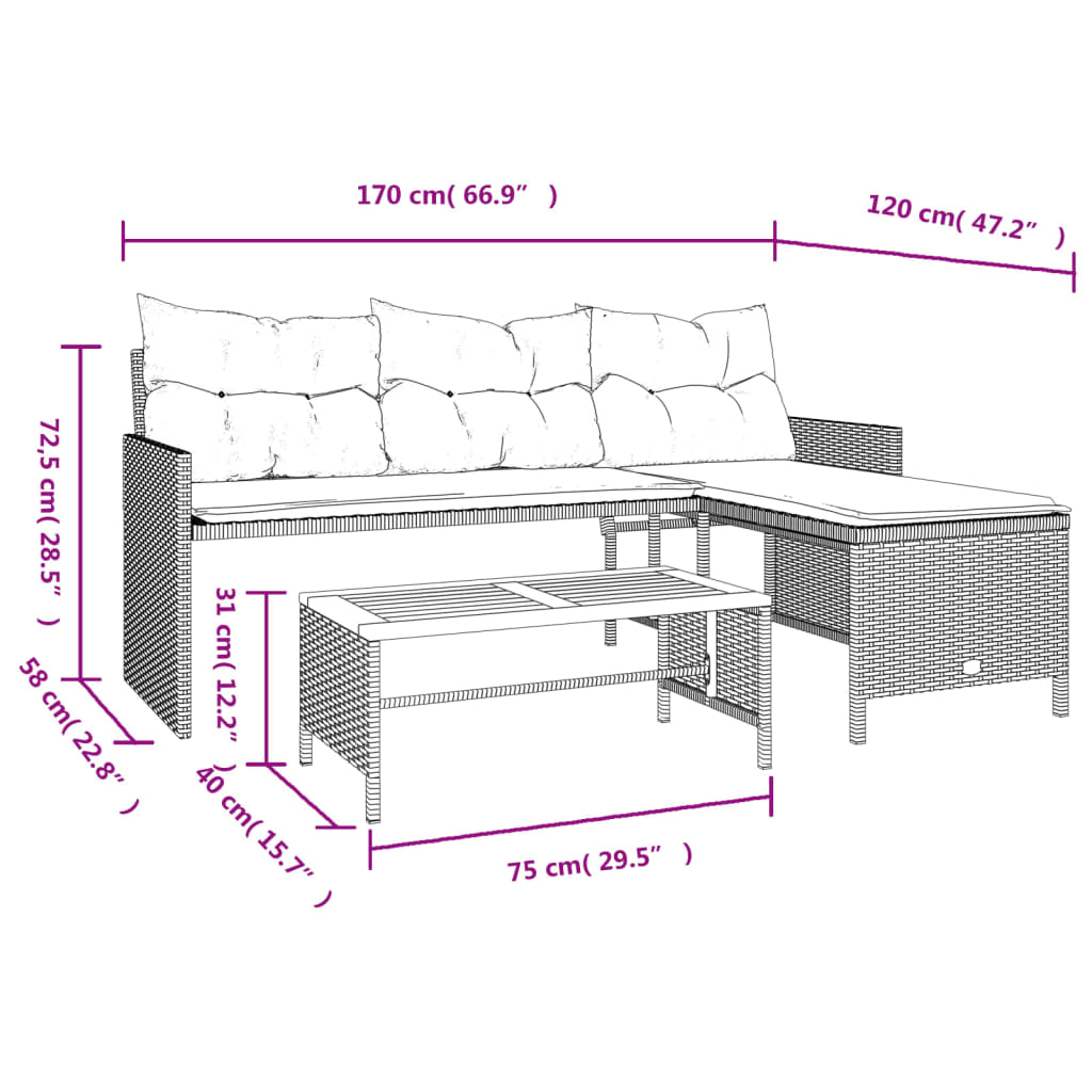 Tuinbank met tafel kussens L-vormig poly rattan