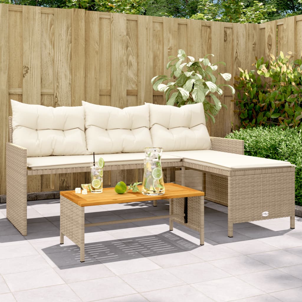 Tuinbank met tafel kussens L-vormig poly rattan