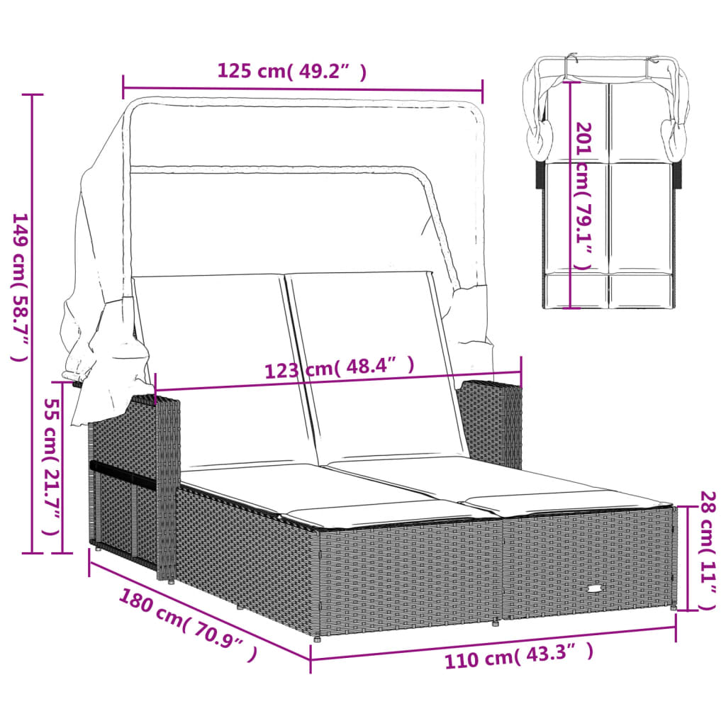 Ligbed 2-persoons met luifel en kussens poly rattan