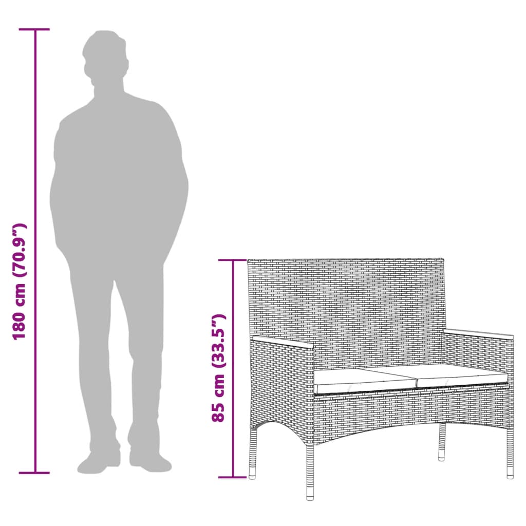 Tuinbank 2-zits met kussens en tafel poly rattan