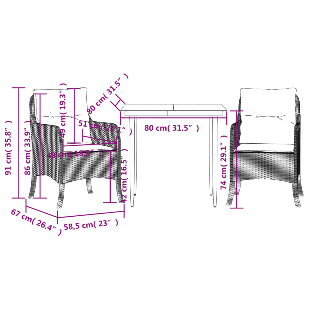 3-delige Tuinset met kussens poly rattan zwart