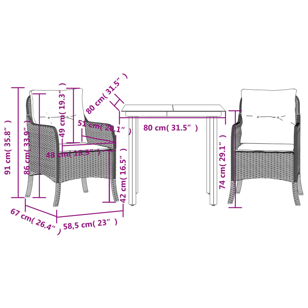 3-delige Tuinset met kussens poly rattan zwart