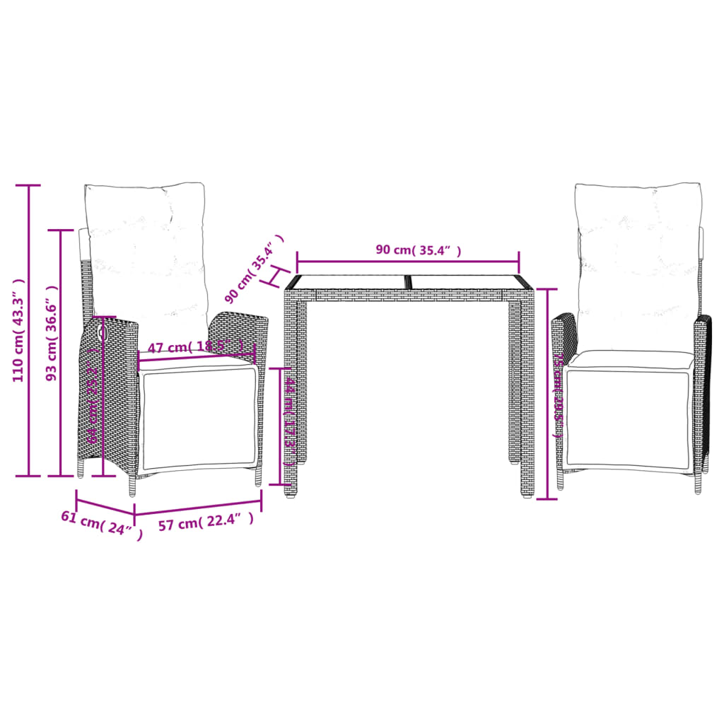 3-delige Tuinset met kussens poly rattan