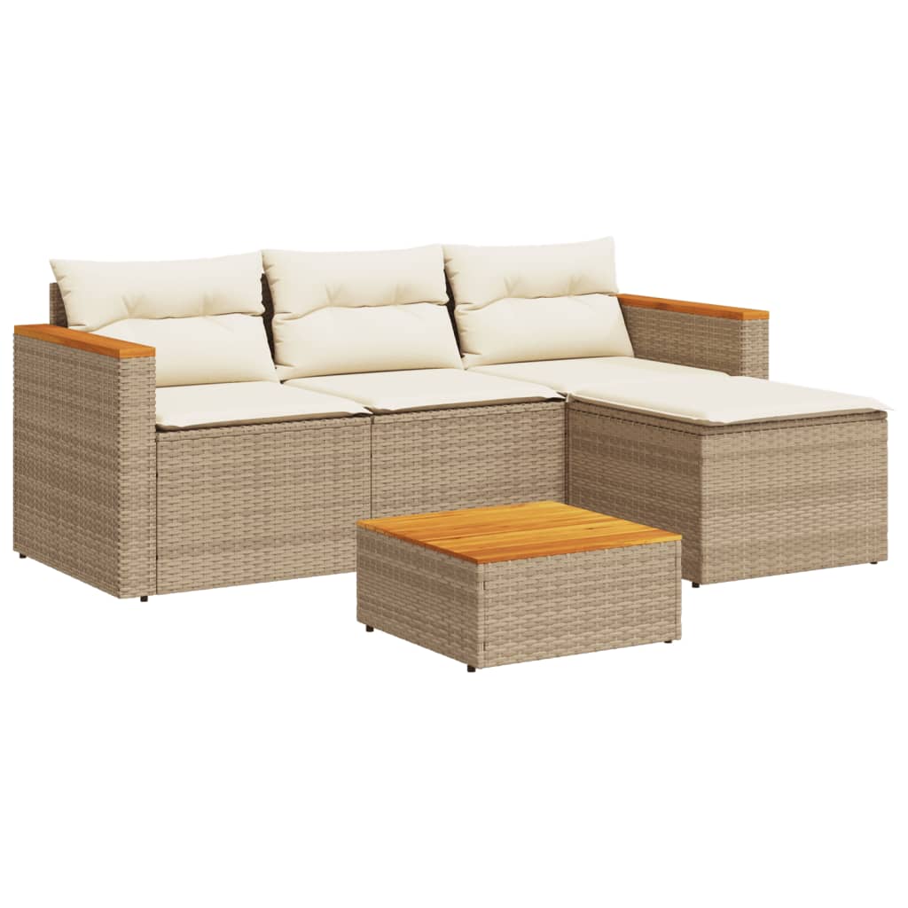 5-delige Loungeset met kussens poly rattan en acaciahout beige