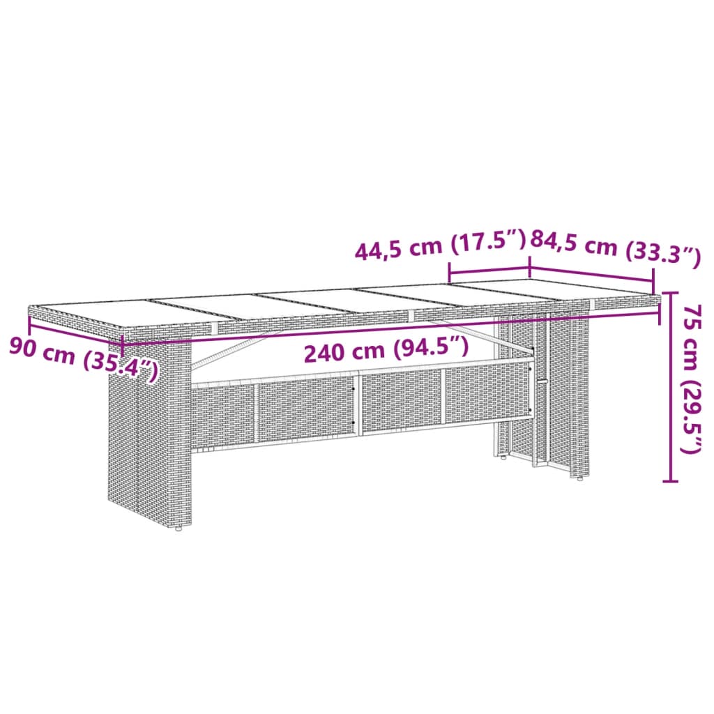 Tuintafel met glazen blad 240x90x75 cm poly rattan