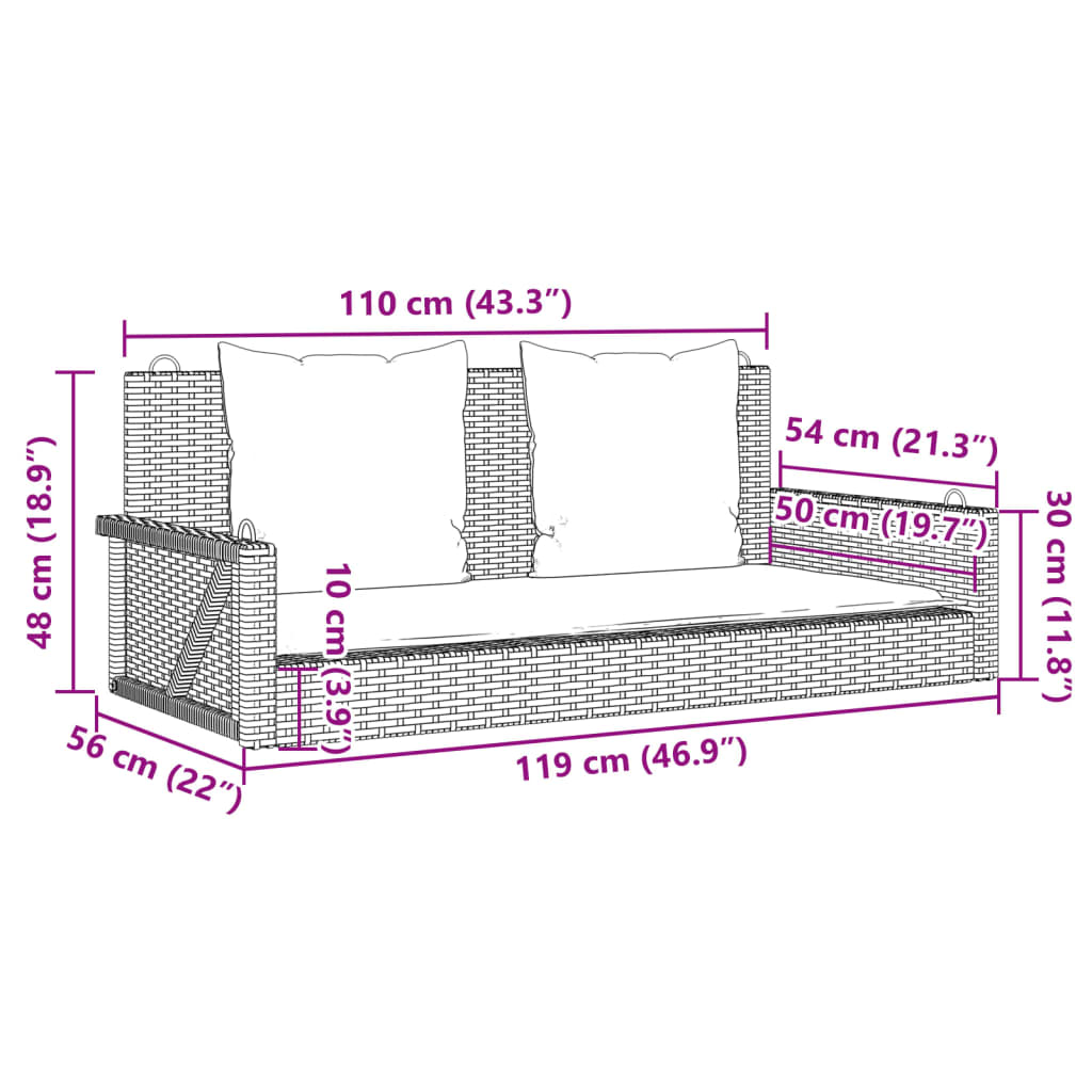 Schommelbank met kussens 119x56x48 cm poly rattan