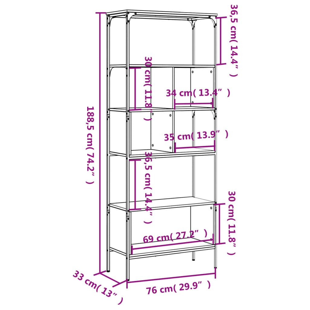 Boekenkast 5-laags 76x33x188,5 cm bewerkt hout