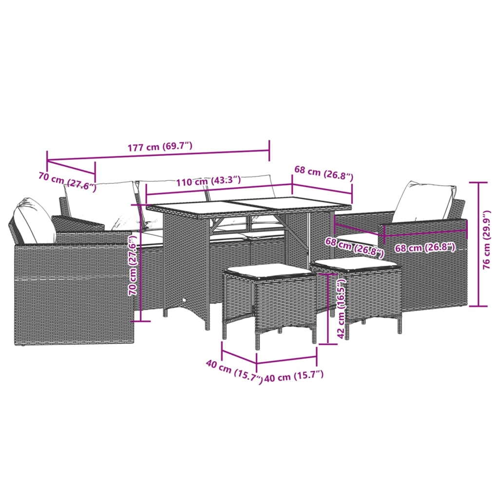 6-delige Loungeset met kussens poly rattan