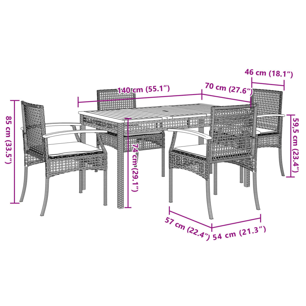 5-delige Tuinset met kussens poly rattan zwart