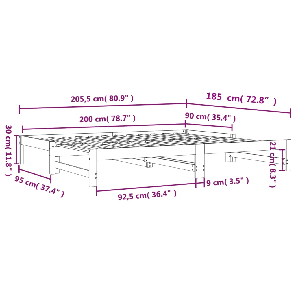 Slaapbank uitschuifbaar massief grenenhout 2x(90x200) cm