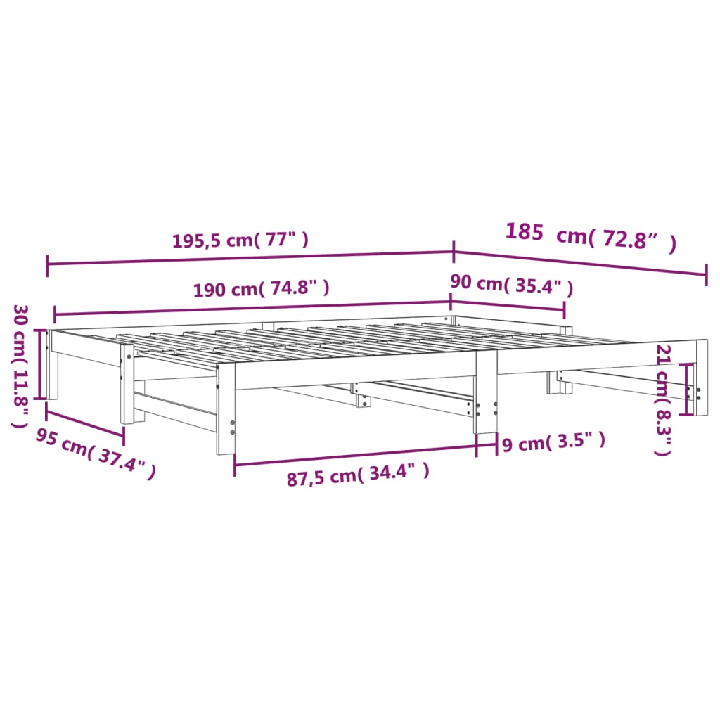 Slaapbank uitschuifbaar massief grenenhout 2x(90x200) cm