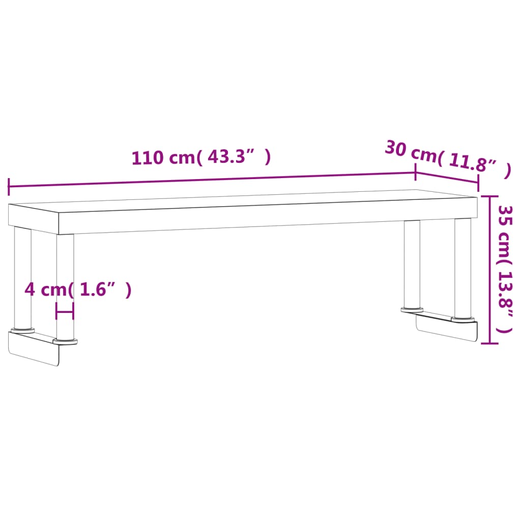 Verhoging voor werktafel 110x30x35 cm roestvrij staal