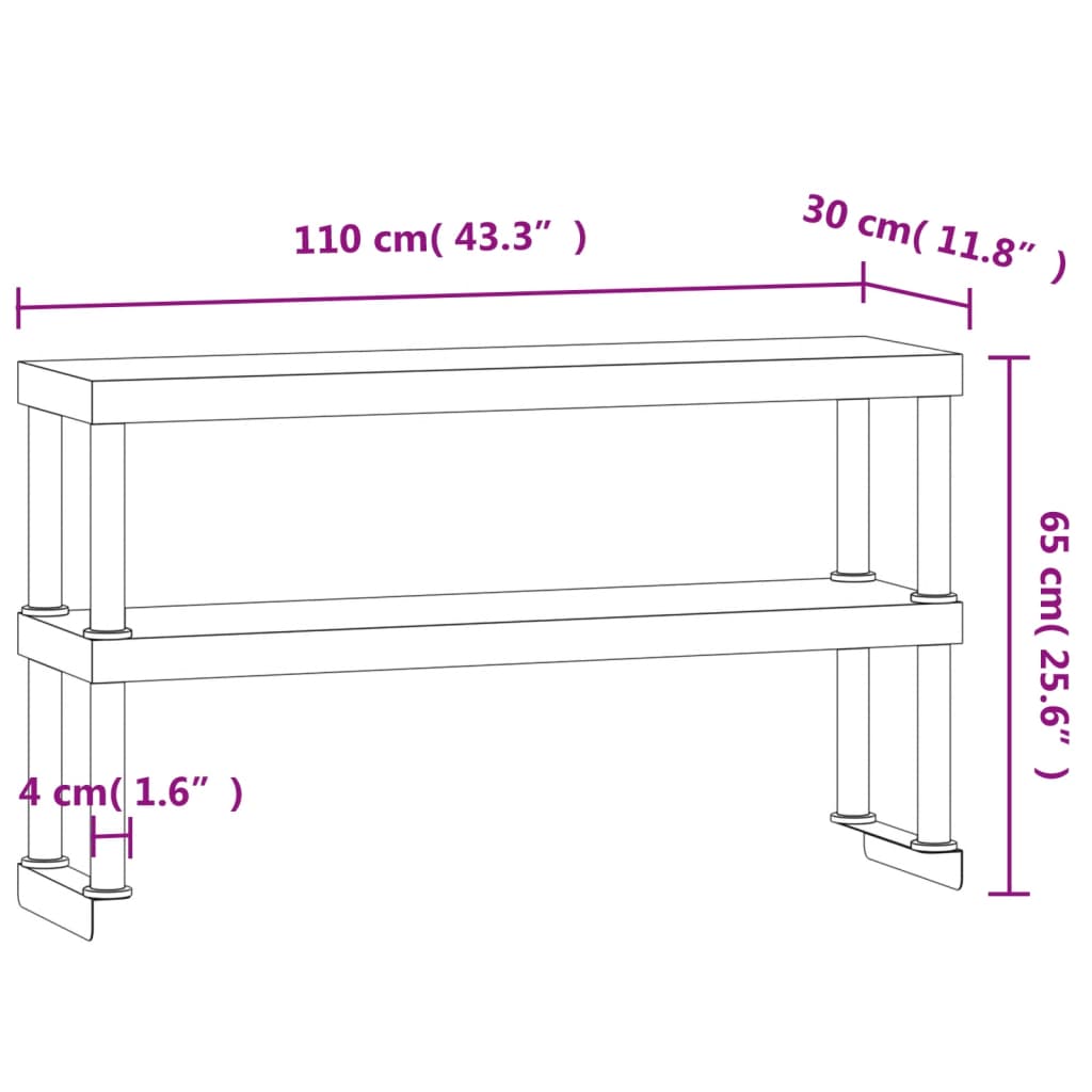 Verhoging voor werktafel 2-laags 110x30x65 cm roestvrij staal