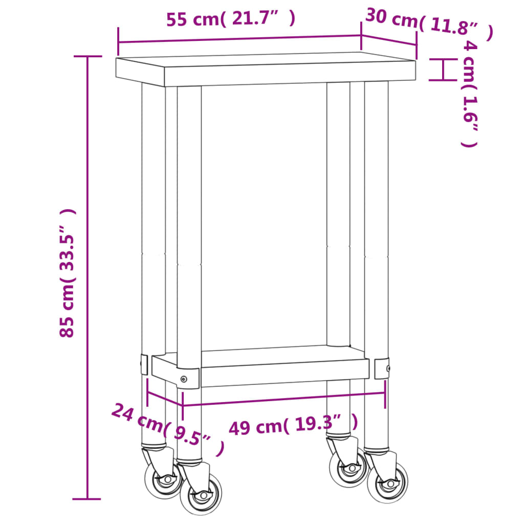 Keukenwerktafel met wielen 82,5x55x85 cm roestvrij staal