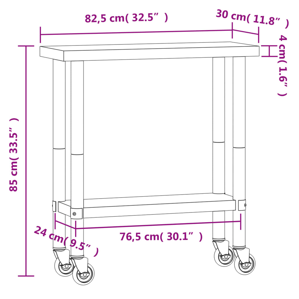 Keukenwerktafel met wielen 82,5x55x85 cm roestvrij staal